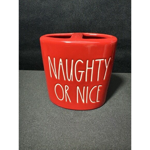 RAE DUNN Christmas Home RED Ceramic NAUGHTY or NICE Toothbrush Holder NEW - Picture 1 of 6